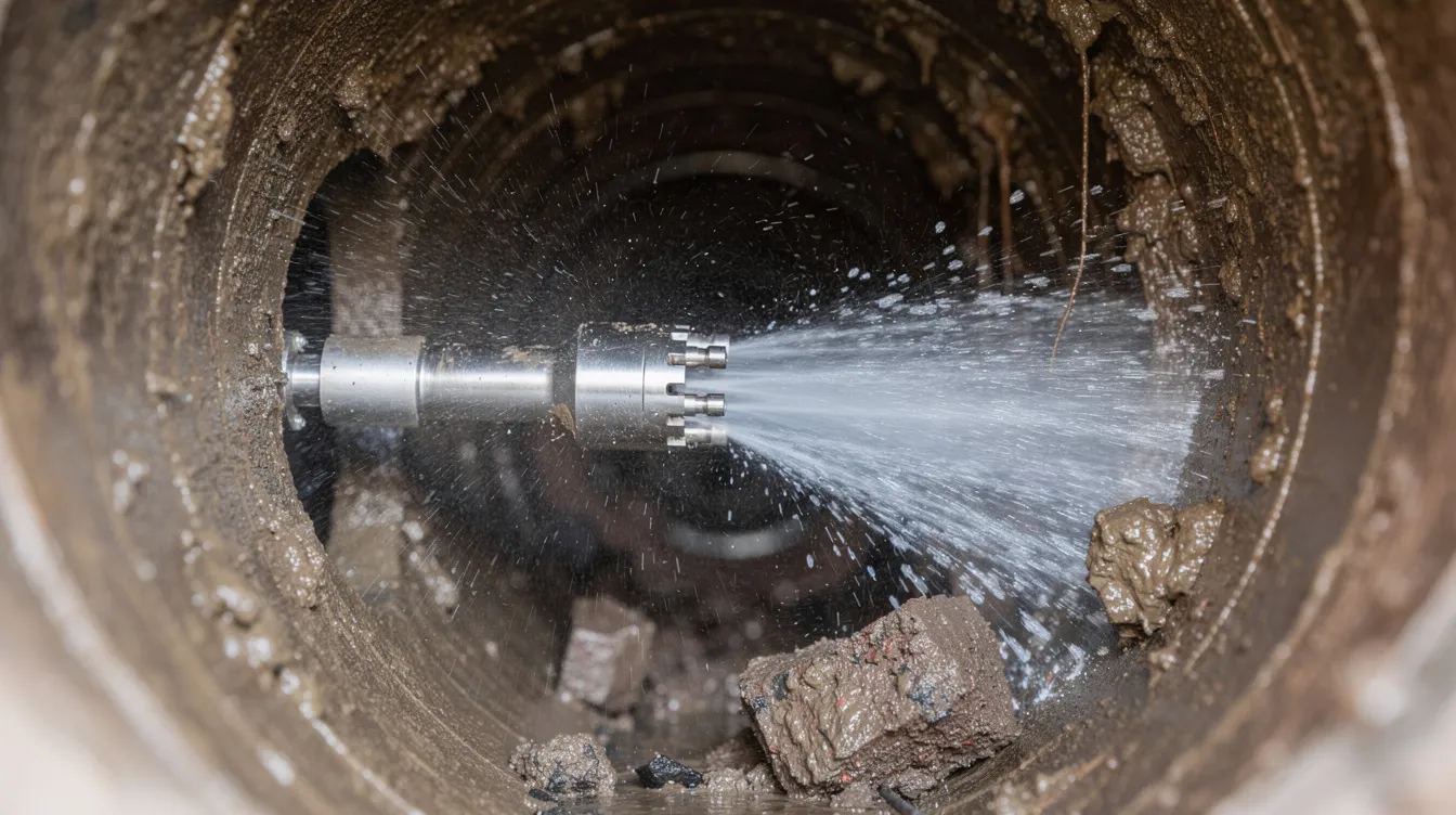 A close-up view of a high-pressure water jetting nozzle is shown, actively clearing debris from inside a residential sewer pipe, highlighting essential plumbing services for effective maintenance and repairs. This image emphasizes the importance of timely plumbing solutions, such as same day service, for homeowners seeking support from a reliable plumbing company.