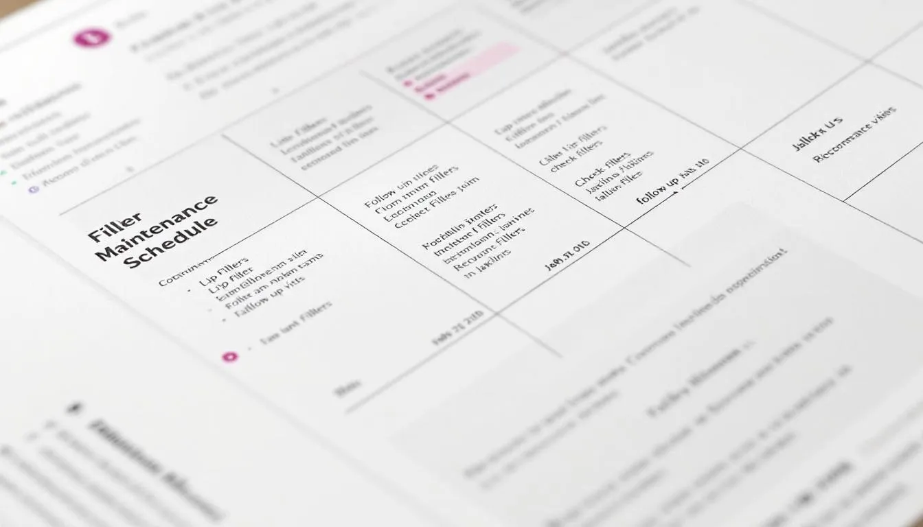 The image depicts a calendar outlining a typical maintenance schedule for cheek filler treatments, indicating recommended timelines for dermal filler injections to enhance cheek volume and maintain a youthful appearance. It highlights the importance of regular appointments to restore volume and achieve balanced facial contours.