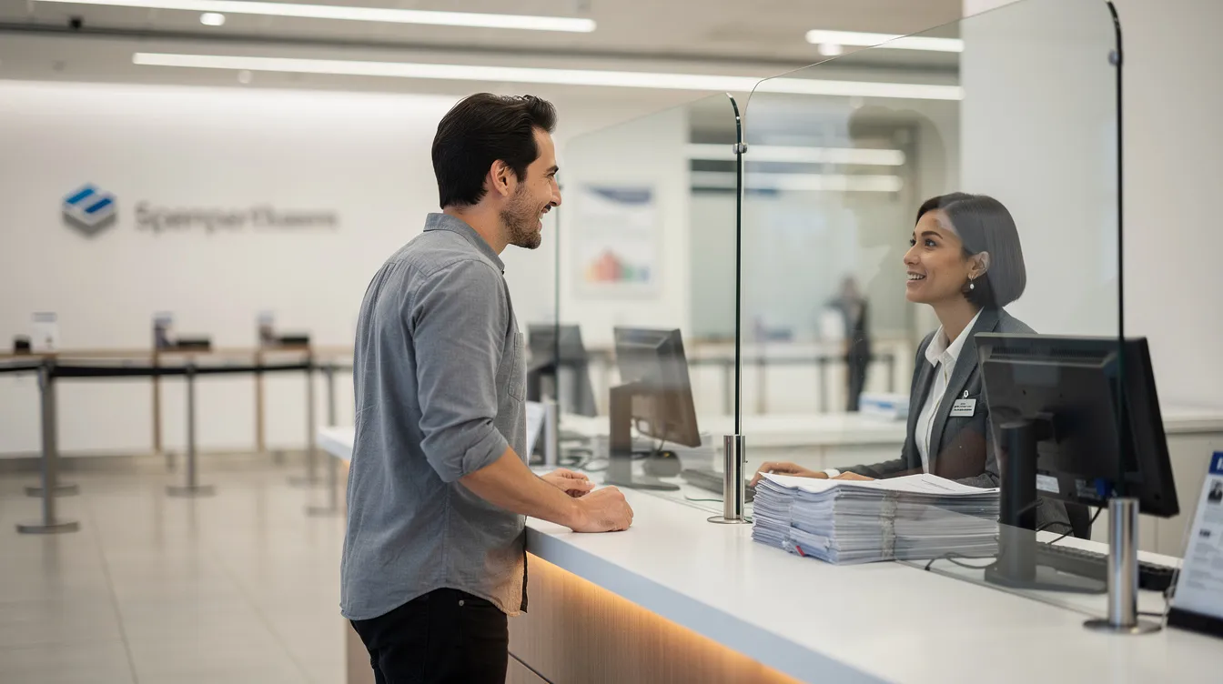 The image depicts a person engaged in conversation with a bank teller at a counter, discussing details related to their bank account, possibly about cashing a money order or managing their savings account. The setting suggests a financial institution where various payment methods, like personal checks or debit cards, can be utilized.