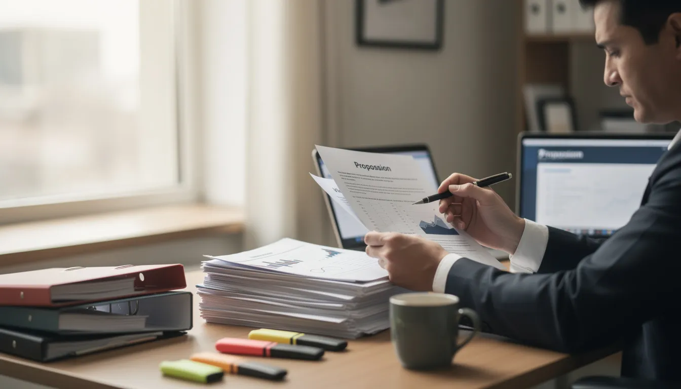 A person is seated at a desk, meticulously reviewing various documents and proposals, likely related to the web design process for a new website. The scene reflects a careful consideration of factors important in choosing the right web design agency, such as quality work and ongoing support for business growth.