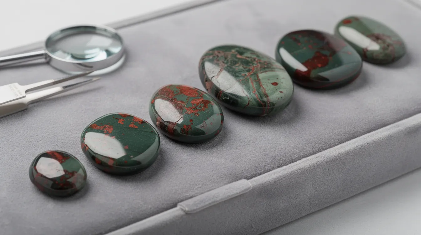 The image showcases a collection of bloodstone gemstones, featuring their distinctive deep green color with vibrant red spots, which are characteristic of this natural stone. These gems are often used in jewelry such as rings and earrings, making them a popular choice for everyday wear among collectors.