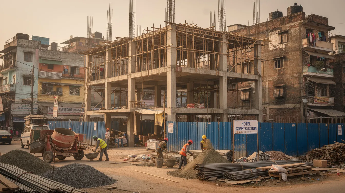 c4b2a823 d564 4365 92b4 d3ba58f7a99d The image depicts an active hotel construction site in an Indian urban setting, showcasing a robust RCC framework with workers engaged in various tasks. This scene highlights the hotel development process, emphasizing the labor costs and material costs involved in the project, crucial for understanding the overall hotel construction cost.