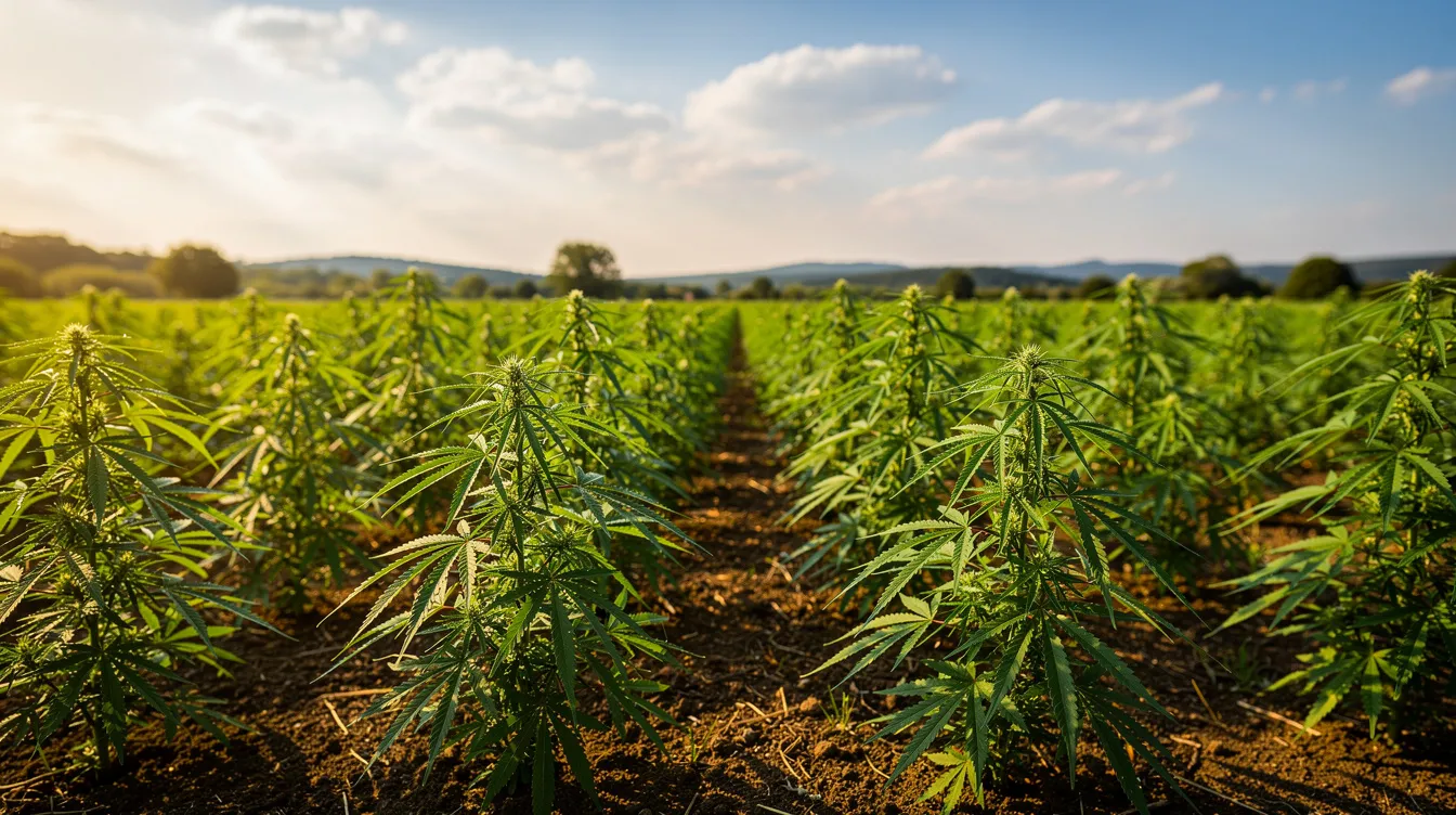 The image depicts lush green hemp plants growing in organized rows on a sunlit farm field, highlighting the cultivation of cannabis sativa. This scene reflects the increasing interest in hemp derived products and the legal framework surrounding industrial hemp under federal law.
