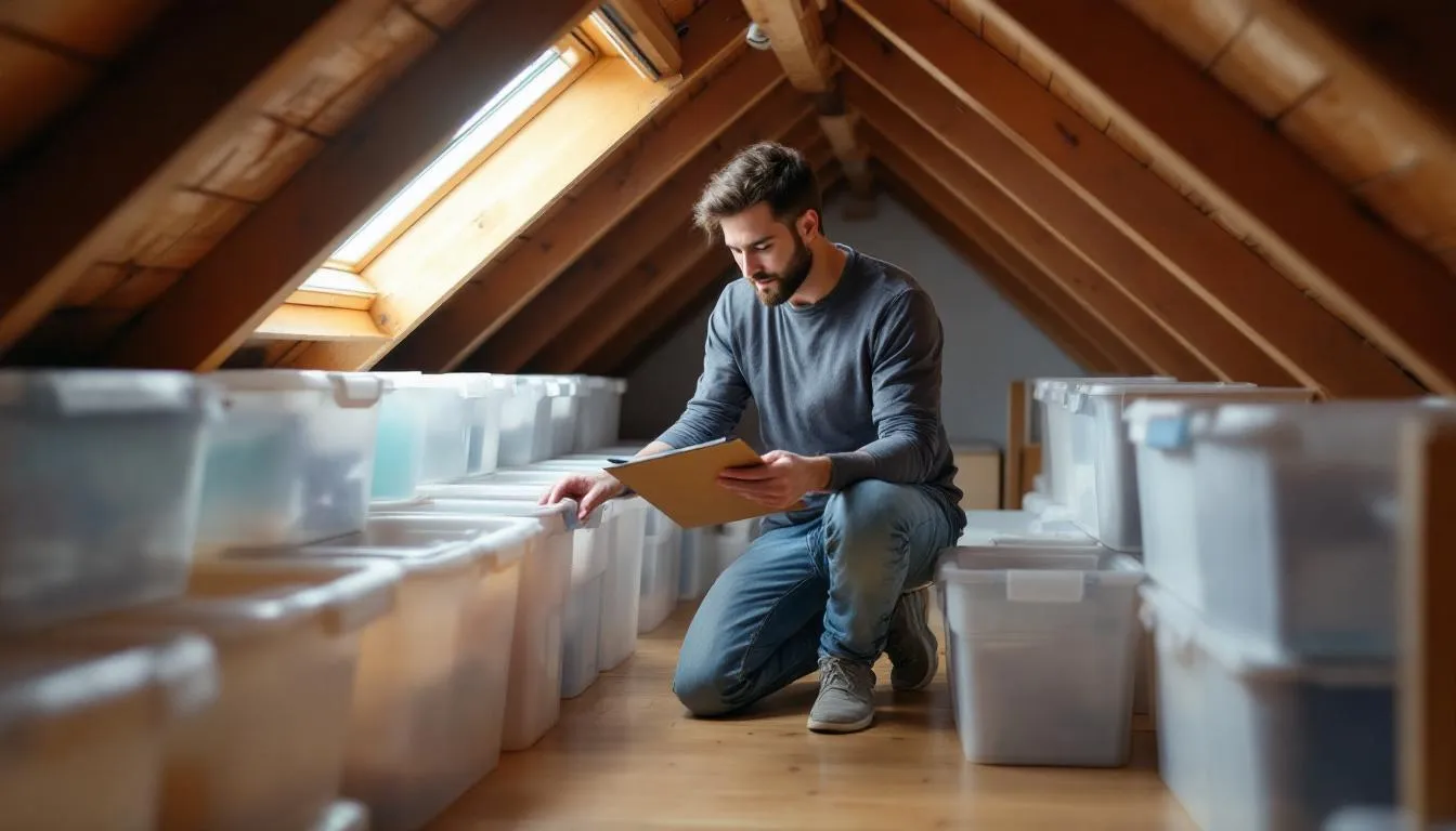 In a well-maintained attic space, a homeowner is organizing clean storage containers, ensuring a tidy environment free from dust and debris. This attic cleanup reflects the importance of attic cleaning services for energy efficiency and safety in the home.