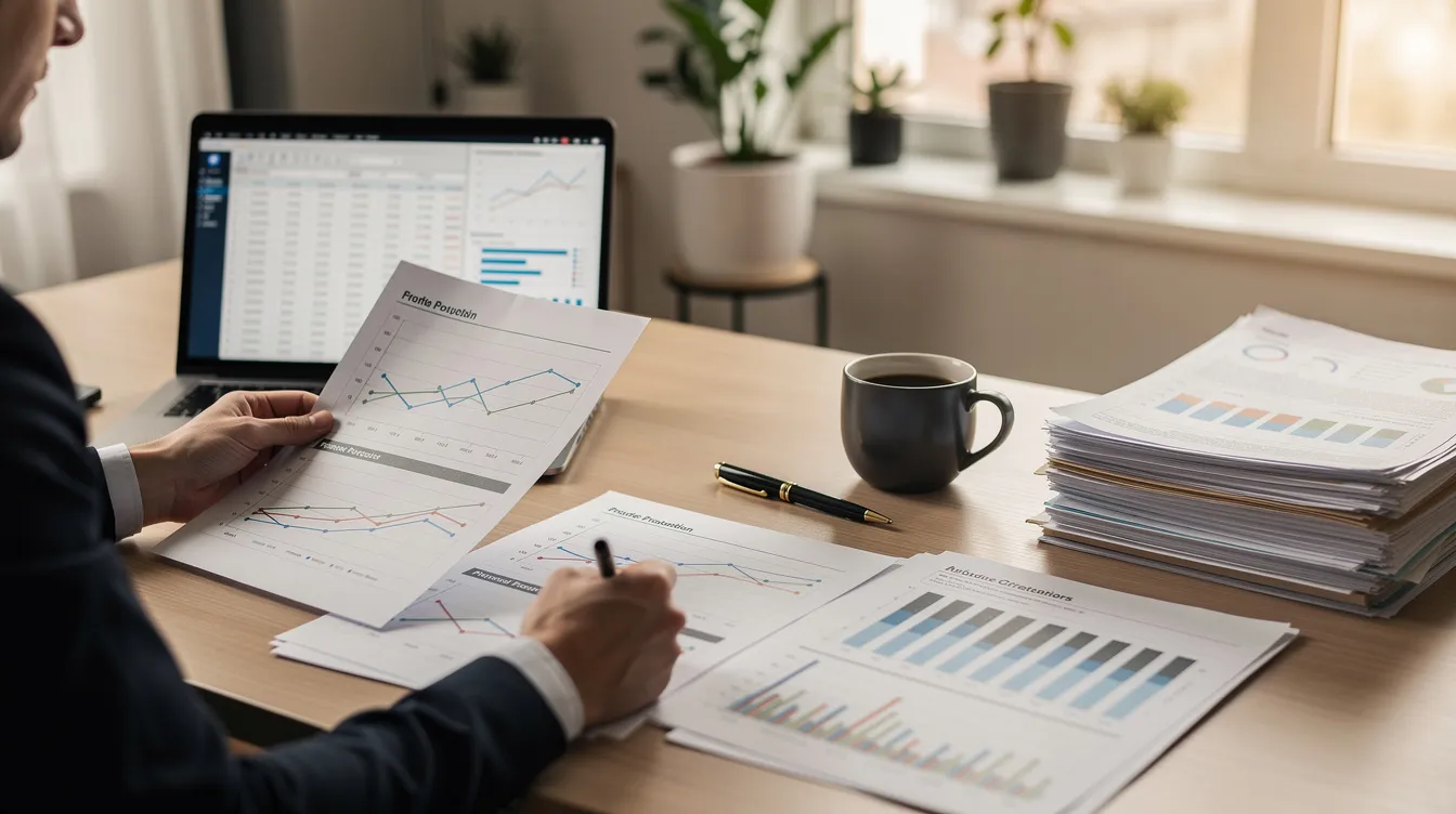 A person is seated at a home office desk, reviewing various documents and financial projections related to home equity loans, including fixed and variable interest rates. The workspace is organized, with notes and charts that help in planning for predictable monthly payments and managing financial needs.