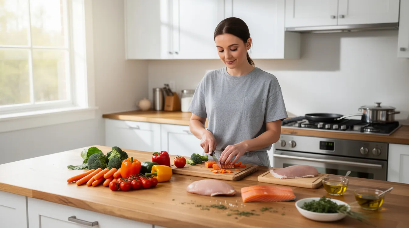 A patient is seen in a bright kitchen preparing a simple, healthy meal featuring fresh vegetables and lean protein, embodying their commitment to a weight loss journey. This scene reflects their focus on weight management and wellness goals, emphasizing the importance of a balanced diet in achieving optimal health.