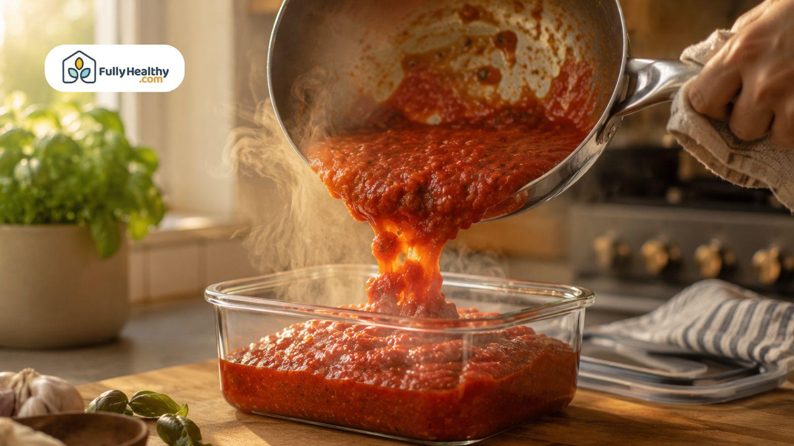 Fresh homemade tomato pasta sauce poured into glass storage container.