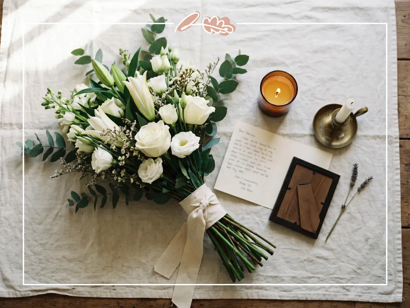 Flat-lay of a white rose and lily sympathy bouquet with handwritten letter, candle and photo frame on linen