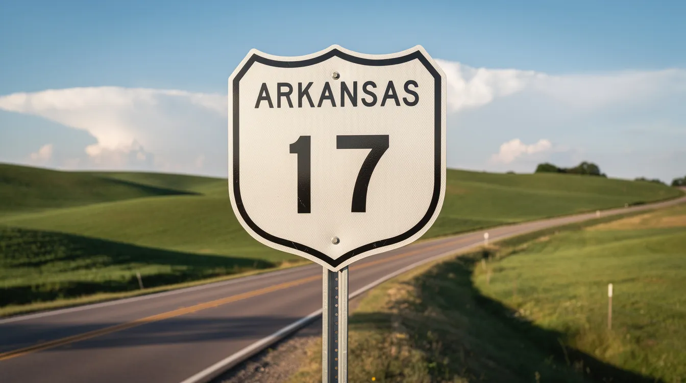 The image features an Arkansas state road sign prominently displayed against a backdrop of rolling green hills, symbolizing the natural beauty of the state. This scene reflects Arkansas's rich landscape, while the sign could represent the ongoing discussions about the legal status of hemp derived products and cannabis regulations within the state.