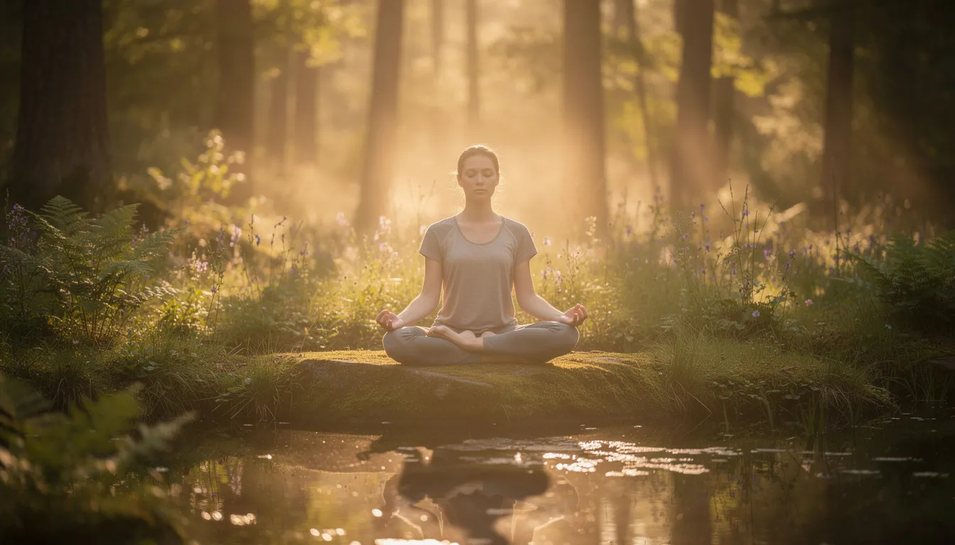 A serene person is meditating outdoors, surrounded by lush greenery and bathed in golden light, embodying tranquility and mindfulness. This peaceful scene reflects the potential health benefits of natural remedies like turmeric and curcumin, known for their anti-inflammatory properties and therapeutic effects.