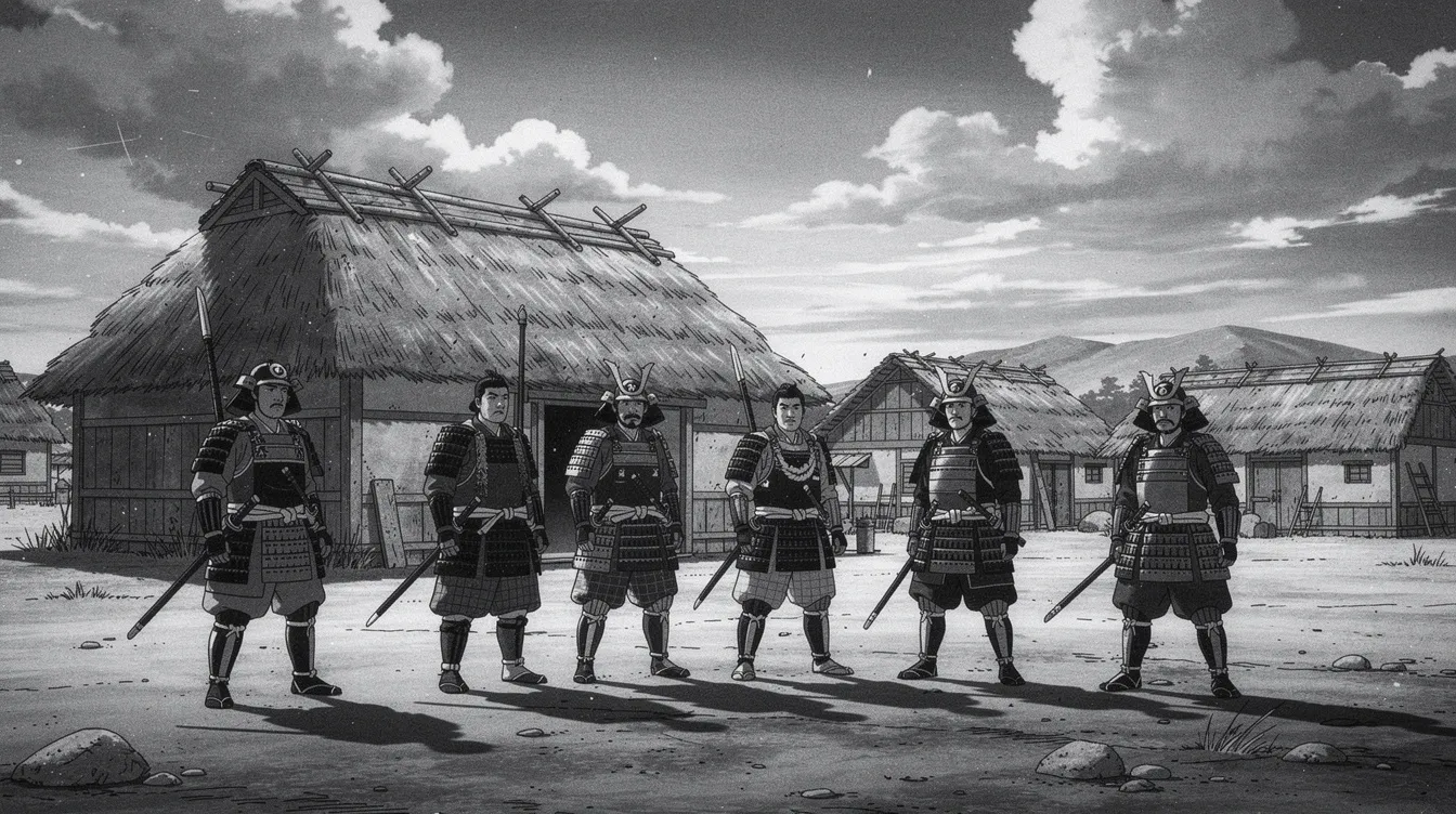 Die Illustration zeigt sieben Krieger in traditioneller japanischer Rüstung, die in einer Reihe vor einem kleinen Strohdorf stehen. Der Kontrast zwischen Schwarz und Weiß sowie die leichte Filmkörnung verleihen dem Bild eine nostalgische Atmosphäre, während der weite Himmel im Hintergrund die Szene ergänzt und an den Klassiker "Die sieben Samurai" von Akira Kurosawa erinnert.