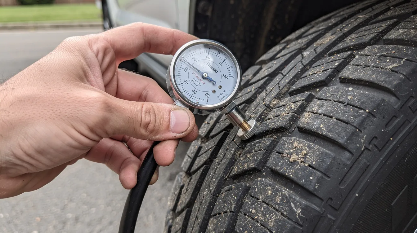 A close-up image shows a hand using a gauge to check the tire pressure of a car, with the tire tread clearly visible. This inspection is part of the process of preparing a vehicle for spring after winter storage, ensuring the tires are ready for safe driving.