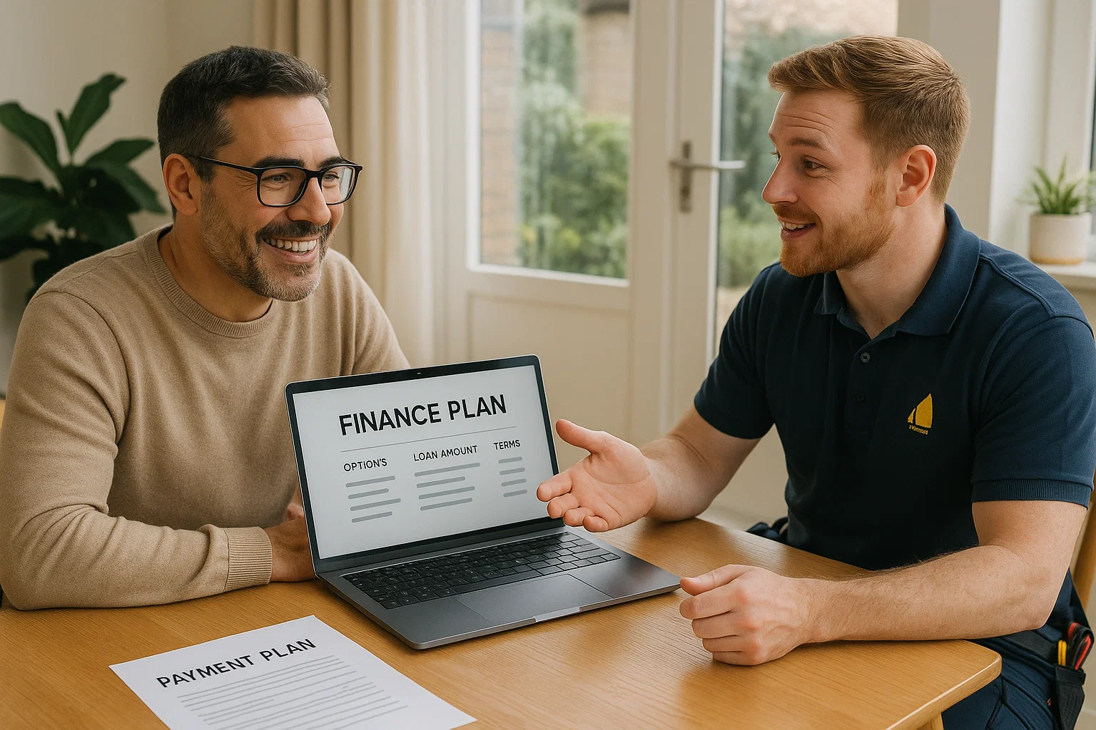 Homeowner reviewing boiler finance options with an installer.