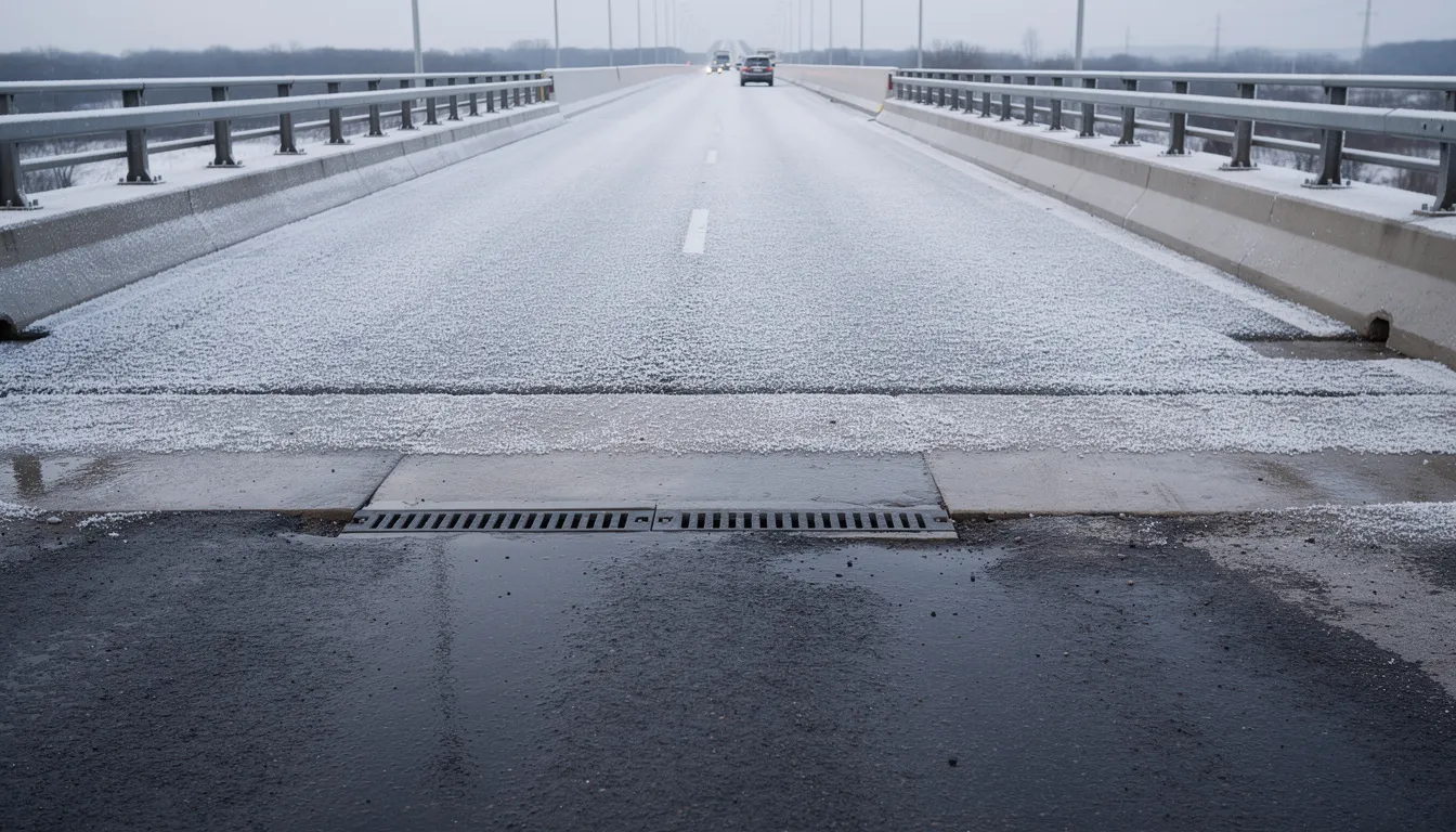 The image depicts a bridge overpass with frost formation on the deck surface, indicating icy conditions due to cold temperatures, while the approaching road appears clear and wet. This scene emphasizes the importance of driving safely in winter weather, as drivers should be aware of potential black ice and adjust their speed and following distance accordingly.