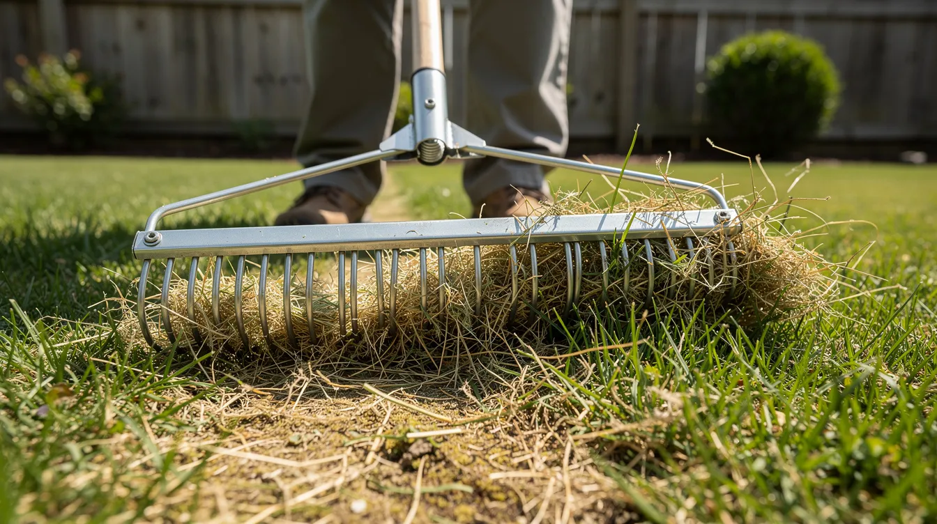 A person is using a spring-tine rake to clear dead grass from a patchy lawn, preparing the soil for new grass seed to promote healthy grass growth. The action aims to improve the existing lawn's health by addressing bare patches and ensuring soil moisture for optimal seed germination.