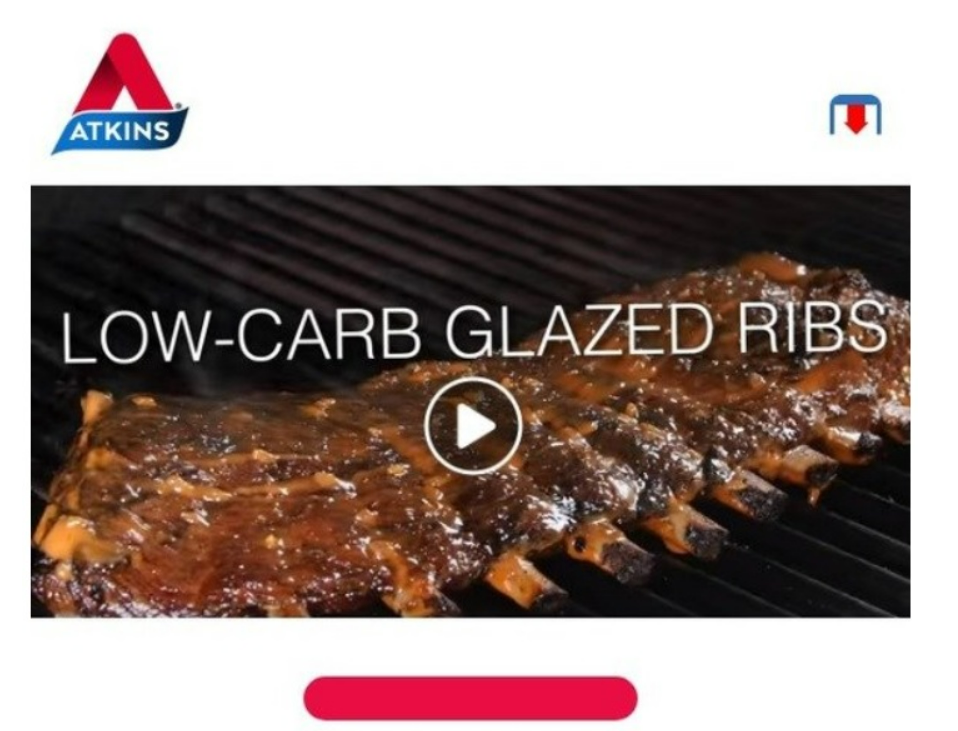 A video thumbnail of ribs on a BBQ. The text reads Low-carb glazed ribs.