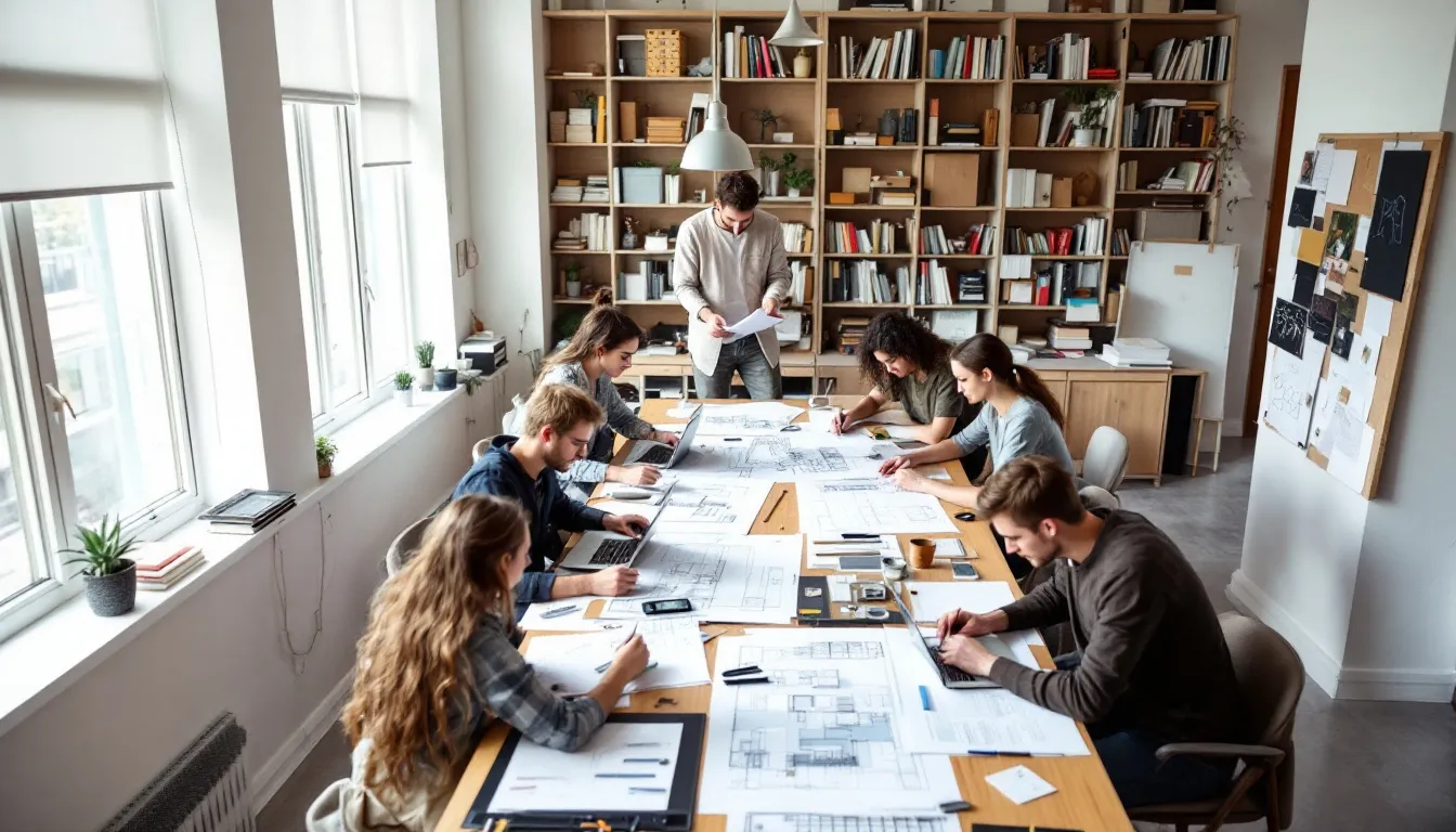 In a bright and organized studio space, architecture students are collaborating on projects, surrounded by drafting tables and design materials, showcasing the importance of teamwork and creativity in their field. This environment highlights the need for work-life balance and mental health awareness as they navigate the demands of their studies and future careers.