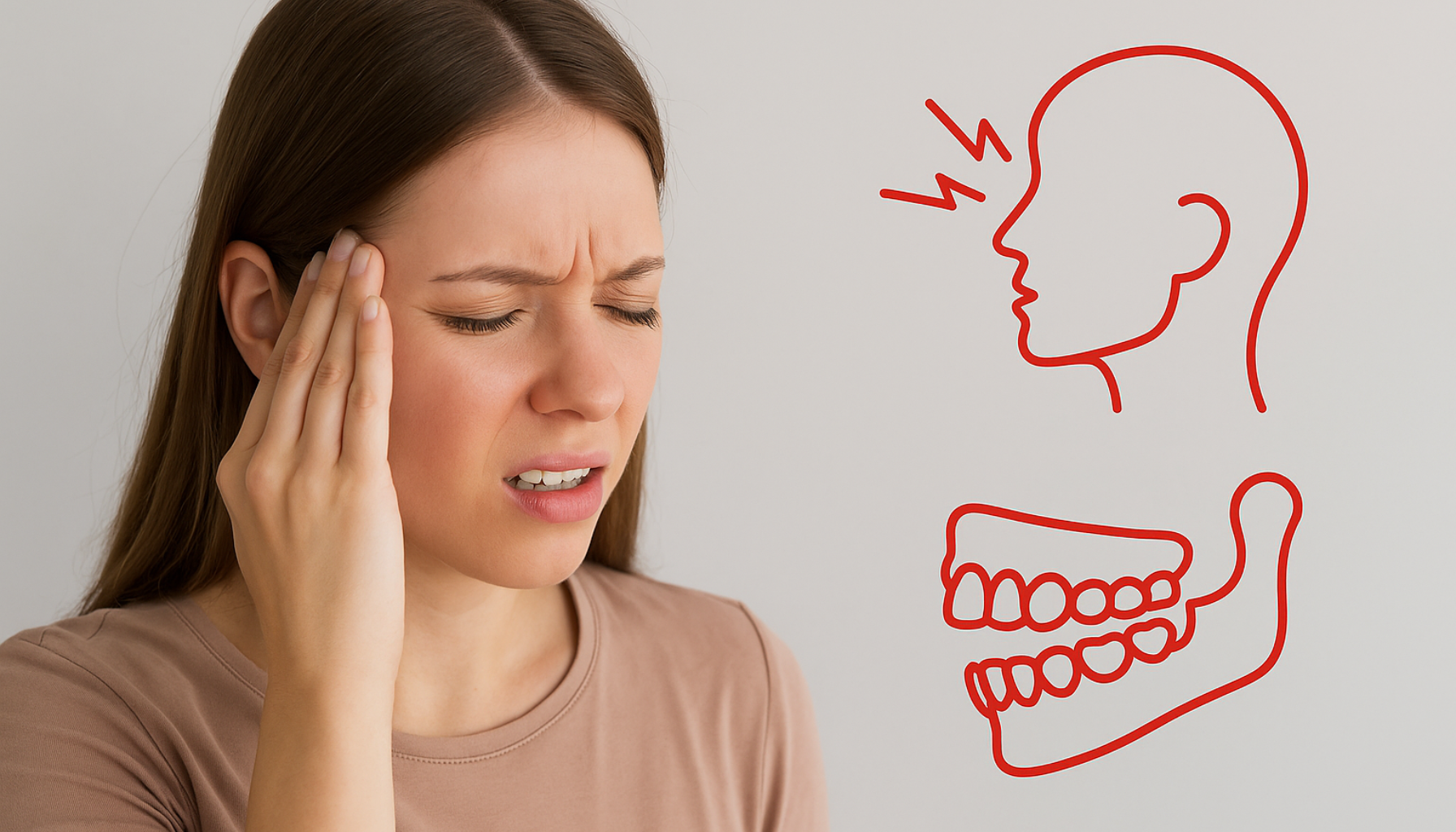 Kvinne med smerte i tinningen holder hodet mens røde illustrasjoner viser kjeve og hodesmerter ved tygging.