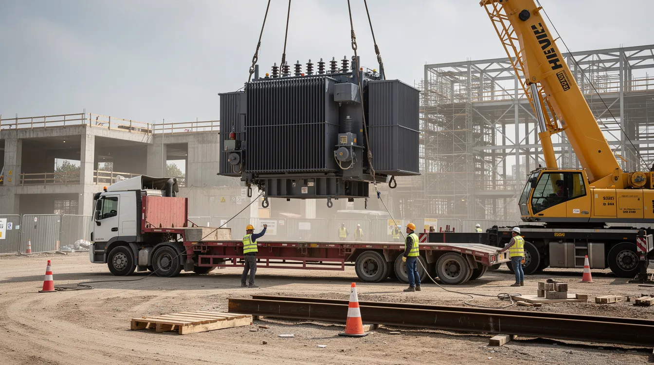 A heavy industrial transformer is being carefully unloaded from a flatbed truck at a construction site, surrounded by workers in safety gear. This scene highlights the importance of managing material costs and ensuring timely delivery of essential construction materials in the commercial construction industry.