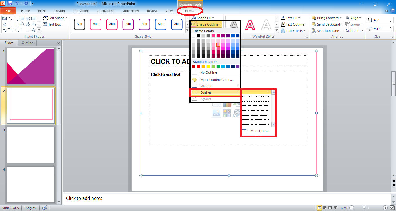 Suppose you want a personalize border lines, you can click "Dashes" then select from its various styles.