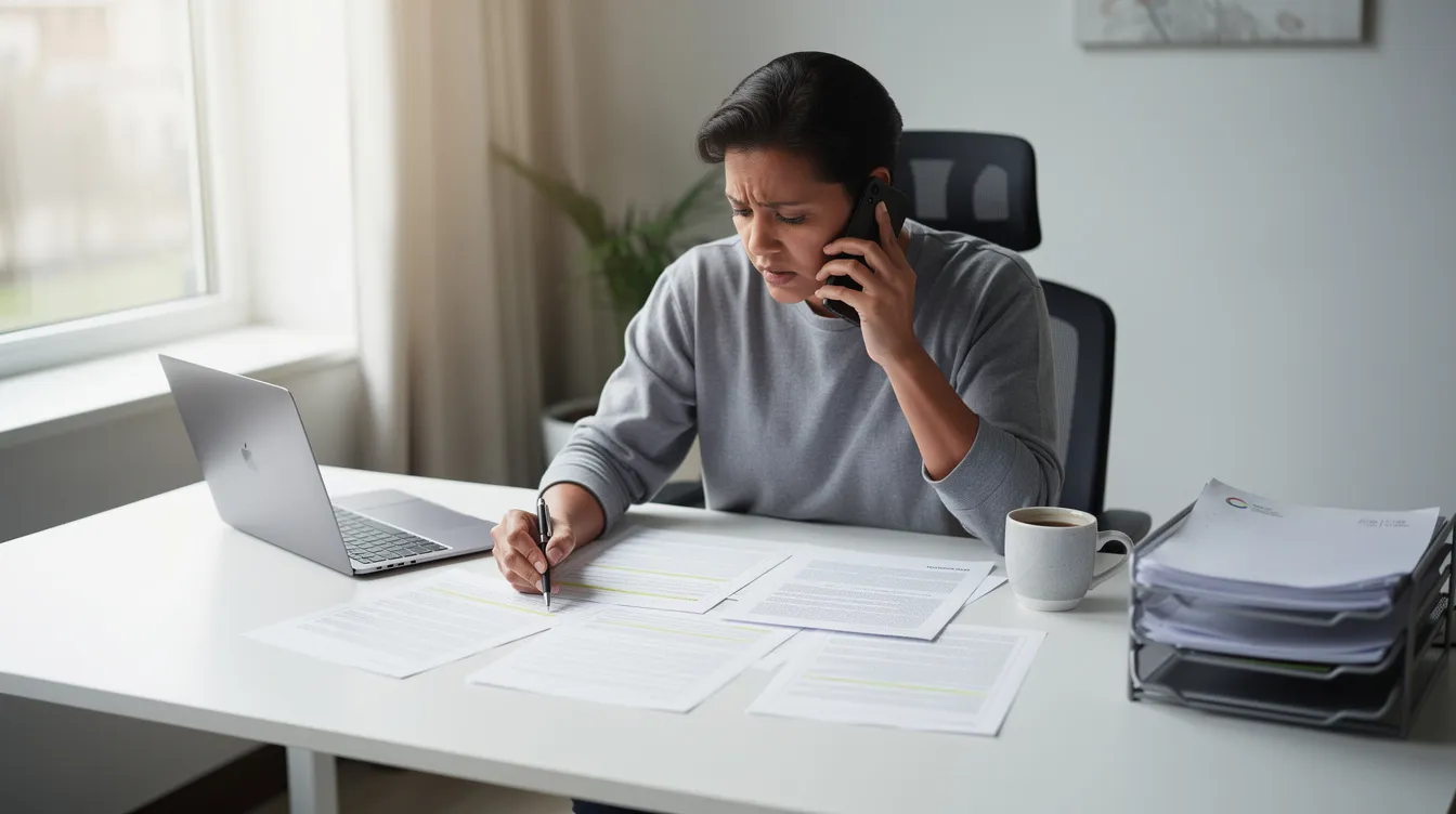 Una persona está hablando por teléfono mientras revisa documentos, posiblemente relacionados con un caso de lesiones personales. Se puede notar que está concentrada en la conversación, lo que sugiere que está gestionando una reclamación por dolor y sufrimiento después de un accidente.