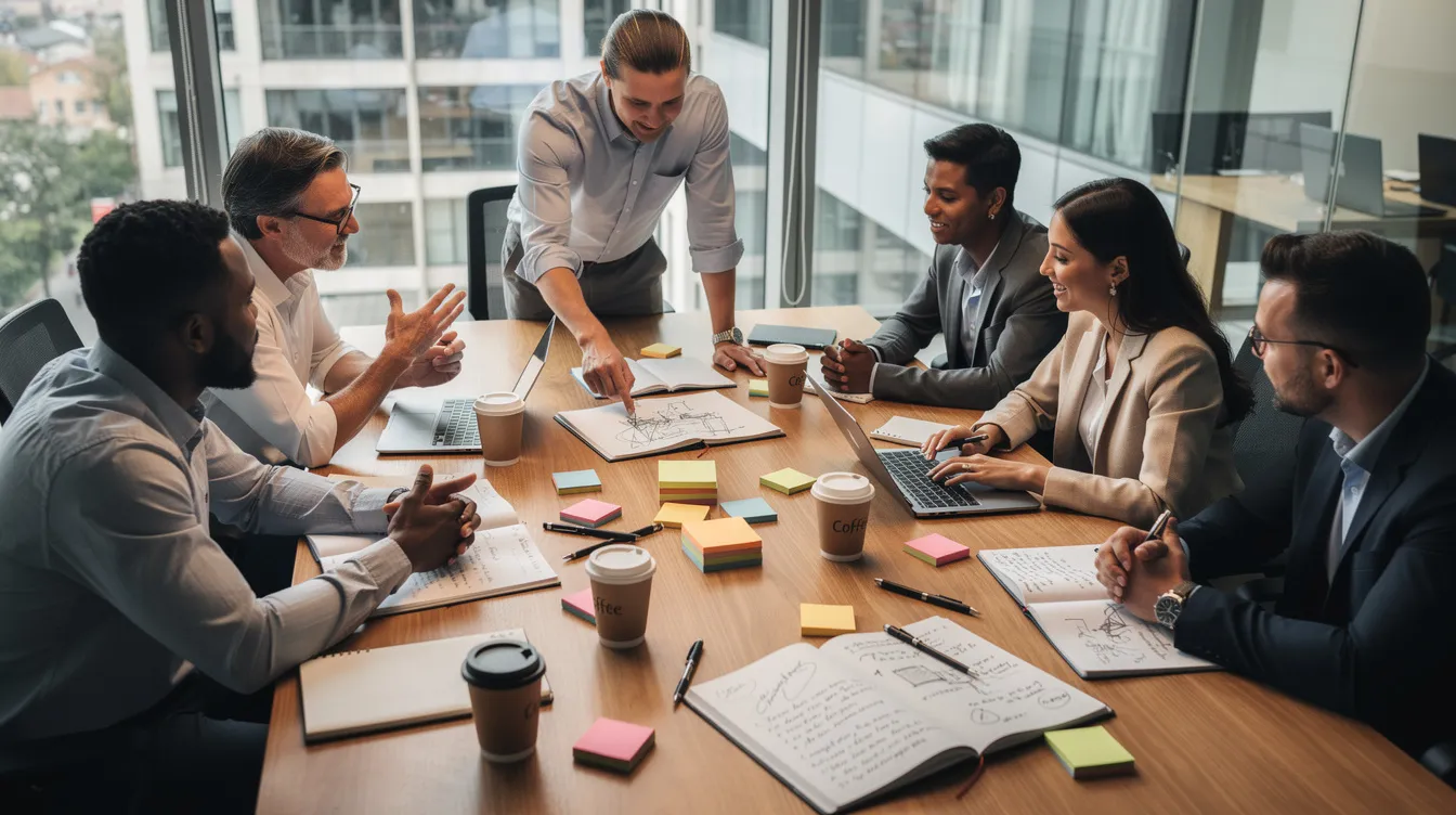 Un groupe diversifié de professionnels se réunit autour d'une grande table, échangeant des idées et prenant des notes tout en dégustant du café. Cette scène illustre la collaboration et le management d'équipe en entreprise, favorisant le bien-être et l'efficacité dans le travail quotidien.