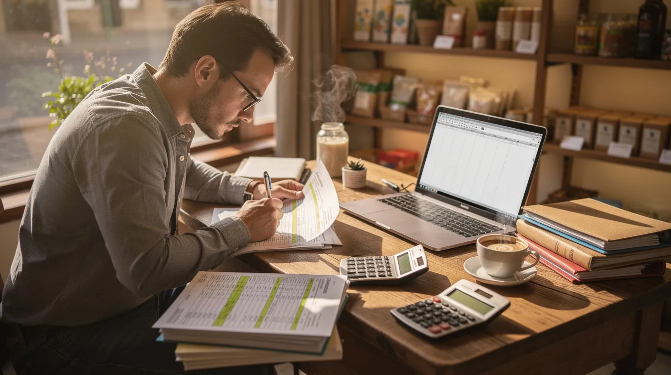 c4c9b276 5959 4d7a bebe 48b71f1422ca A small business owner is seated at a desk in their shop, carefully reviewing various financial documents related to their business loans and cash flow. The scene reflects the importance of financial assistance and proper documentation in managing a successful enterprise under the Pradhan Mantri Mudra Yojana scheme.
