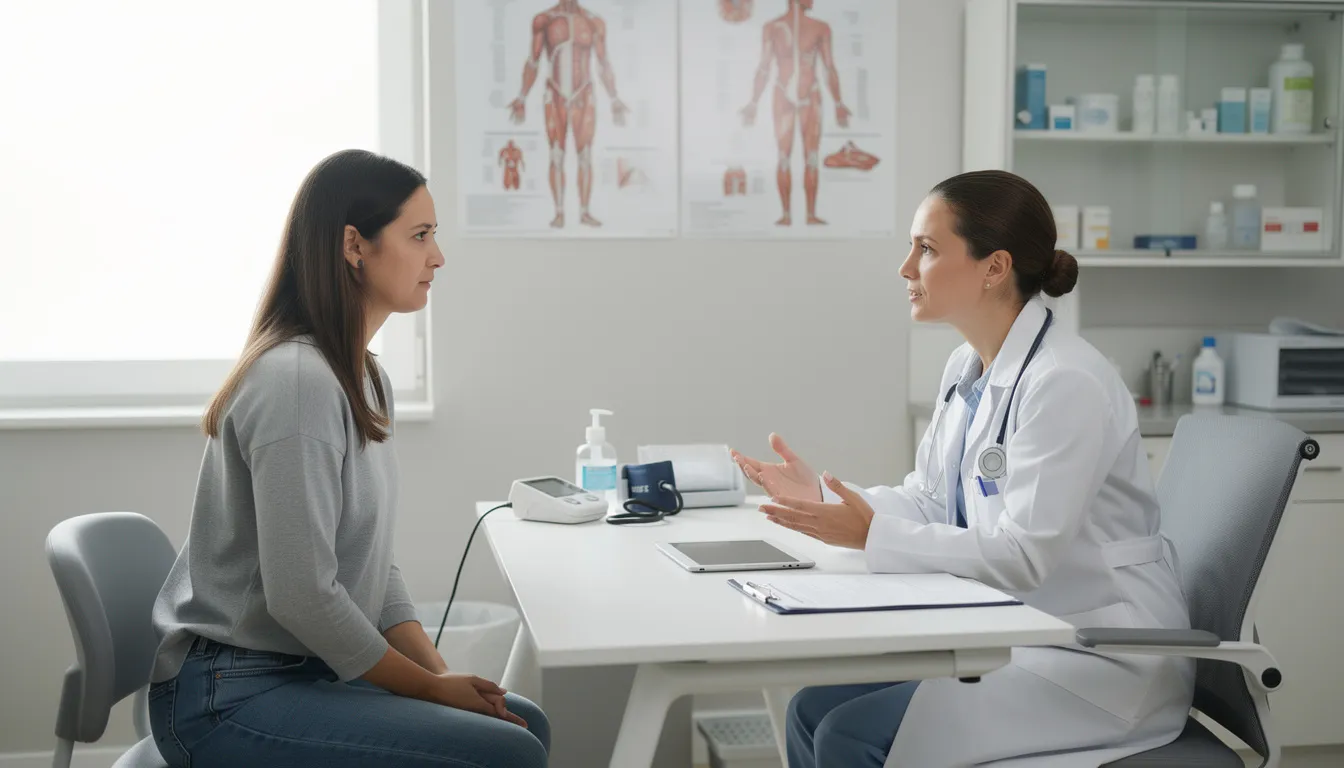 Une patiente discute avec un professionnel de santé lors d'une consultation médicale, abordant des sujets liés à la santé menstruelle, tels que le cycle menstruel et les cycles menstruels longs. Le médecin écoute attentivement les préoccupations de la patiente, offrant des conseils sur la durée du cycle et les éventuelles irrégularités.
