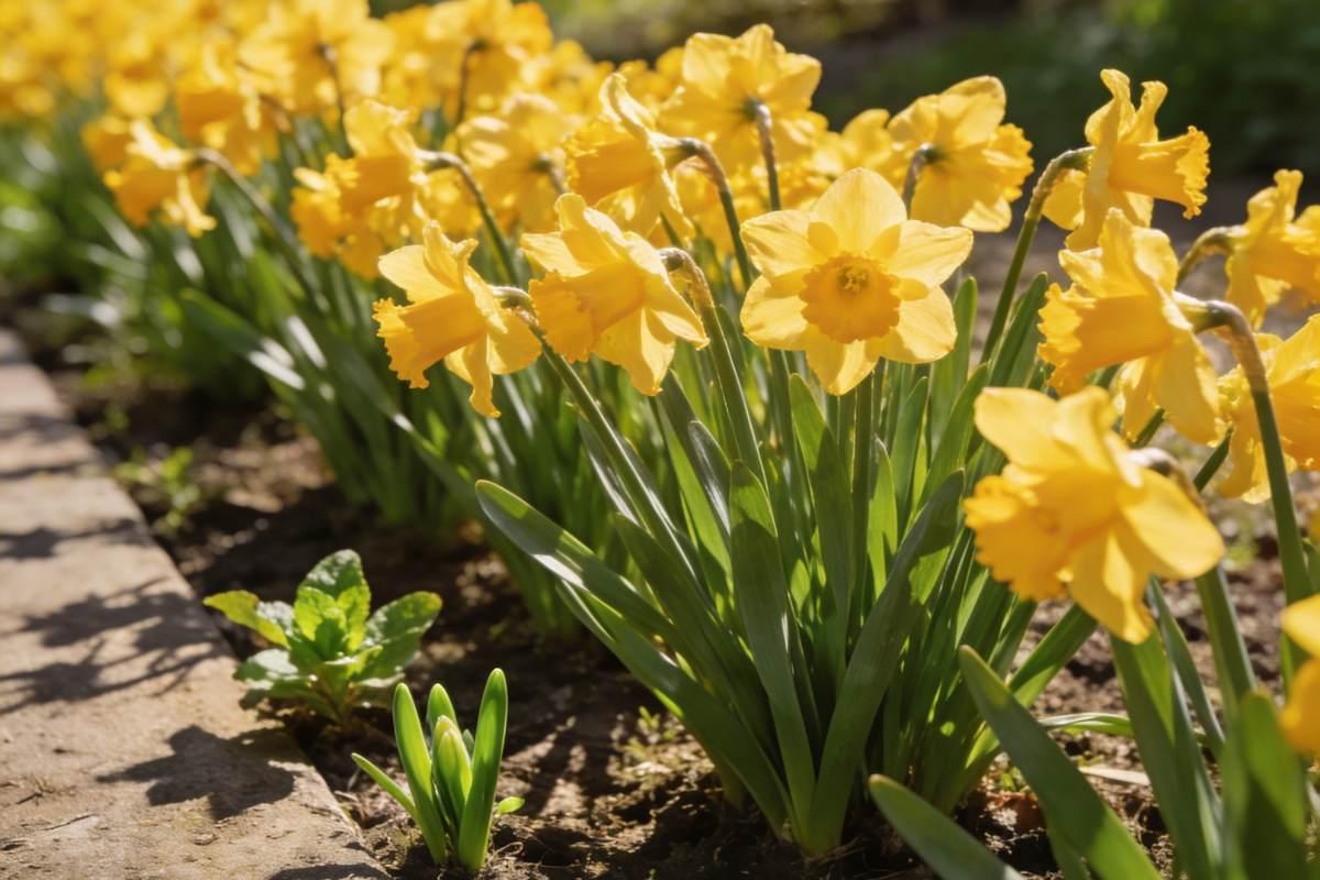 Yellow daffodils growing naturally in a sunlit spring garden border