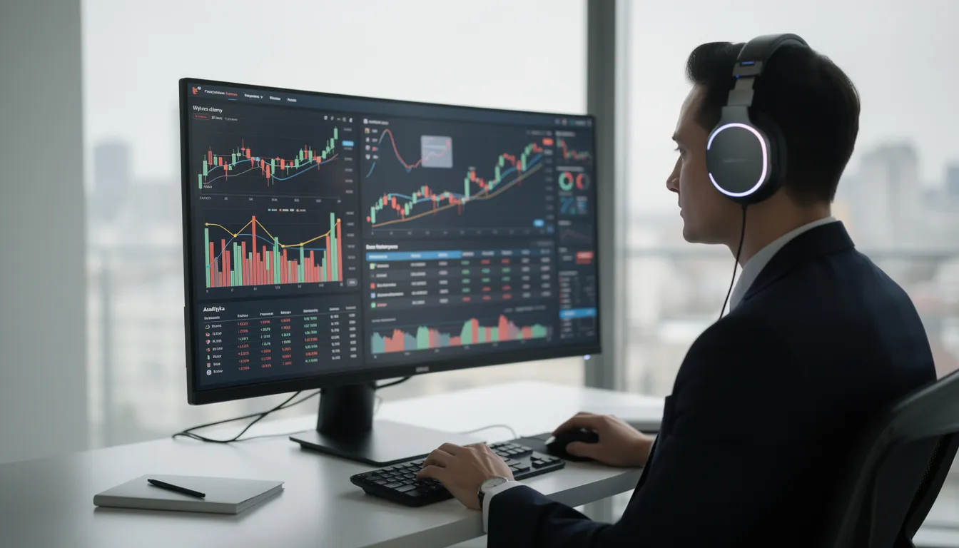 Na obrazku widoczny jest profesjonalista w słuchawkach, który pracuje przy komputerze, analizując wykresy i dane dotyczące procesów sprzedażowych. Jego praca koncentruje się na audycie sprzedaży oraz monitorowaniu efektów działań sprzedażowych, co pozwala na lepsze zrozumienie i optymalizację strategii firmy.