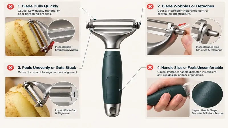 Common Y peeler failure patterns with the structural areas that should be inspected.