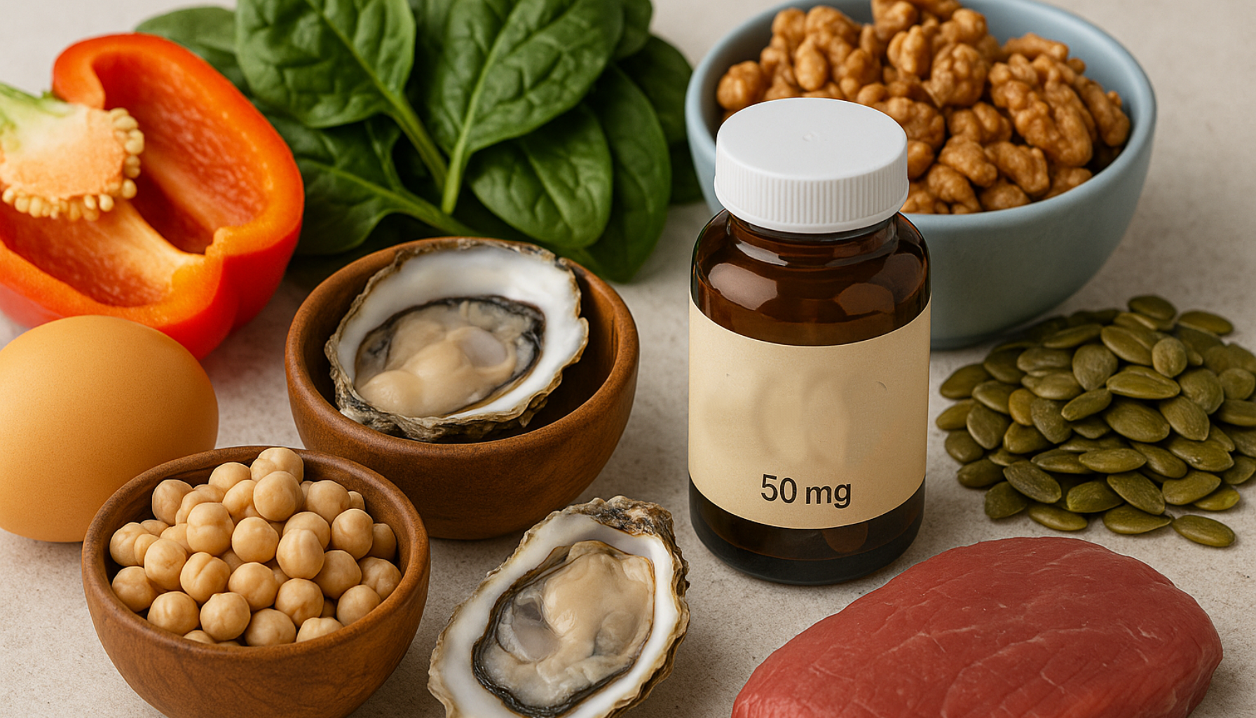 Et utvalg sinkrike matvarer inkludert kjøtt, nøtter, belgfrukter, østers, paprika, spinat og et sinktilskudd.