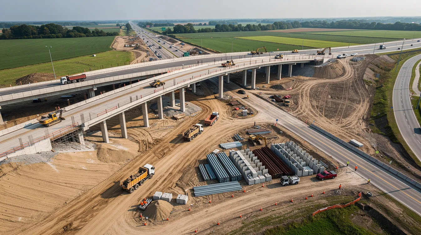 An aerial view of a highway interchange under construction shows heavy equipment and earthwork in progress, highlighting the complexities of the construction project. This scene reflects the merit shop philosophy in the construction industry, where merit shop contractors focus on effective project management and fair competition.