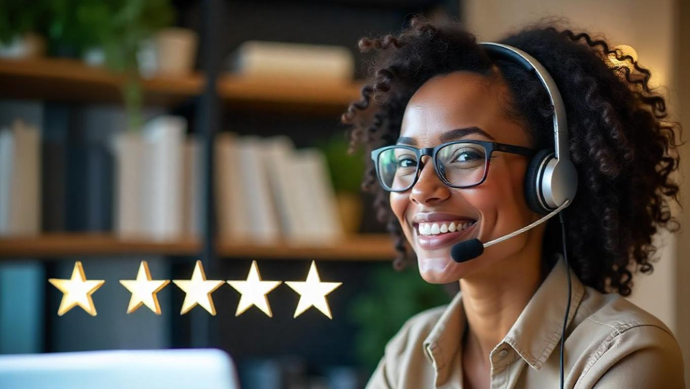 Customer service agent smiling after sentiment analysis during call helped win over customer.