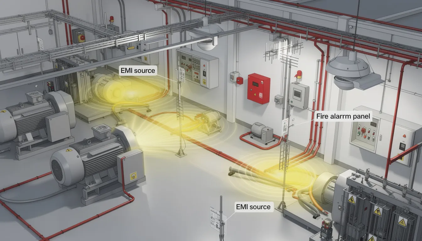 an industrial facility with various sources of electromagnetic interference (EMI) highlighted around fire alarm systems