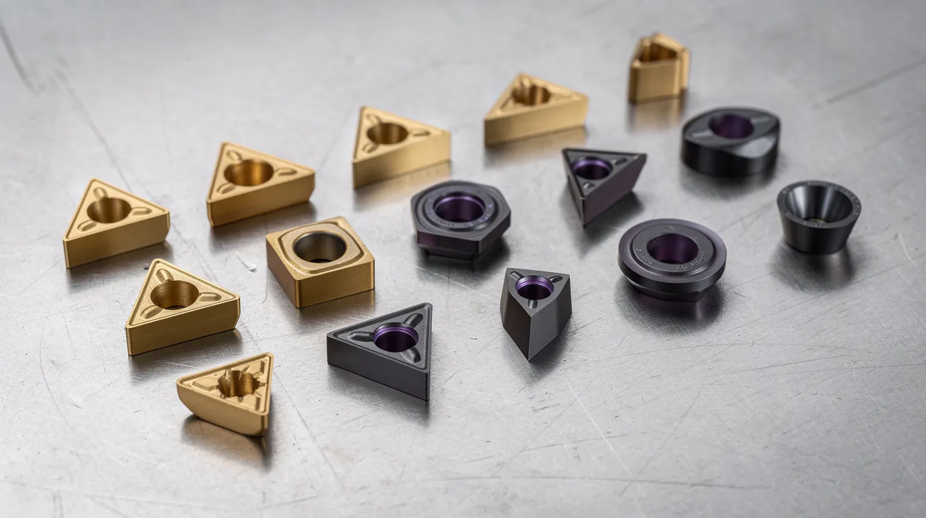 The image features a collection of coated carbide cutting inserts with distinct gold TiN and dark TiAlN coatings, arranged on a steel surface, highlighting their precision and suitability for use in CNC machines and modern manufacturing processes. These tools are essential for machining hard materials and improving efficiency in various industries.