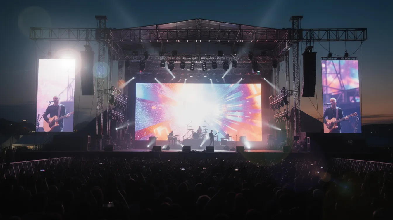 A wide shot of a large outdoor concert stage at dusk showcases vibrant LED video walls behind the performers, flanked by LED displays on either side, creating a visually striking atmosphere for the audience members enjoying the concert experience. The high brightness and clear image quality of the screens enhance the visual impact of the live event, making it an unforgettable moment.