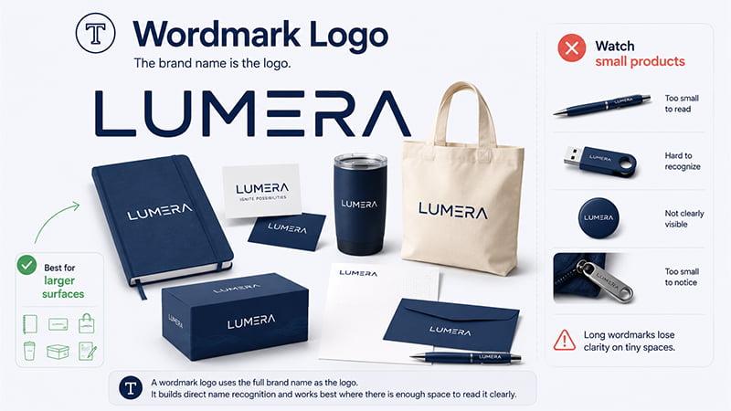 Wordmark logo example applied to notebook, business card, tumbler, tote bag and packaging
