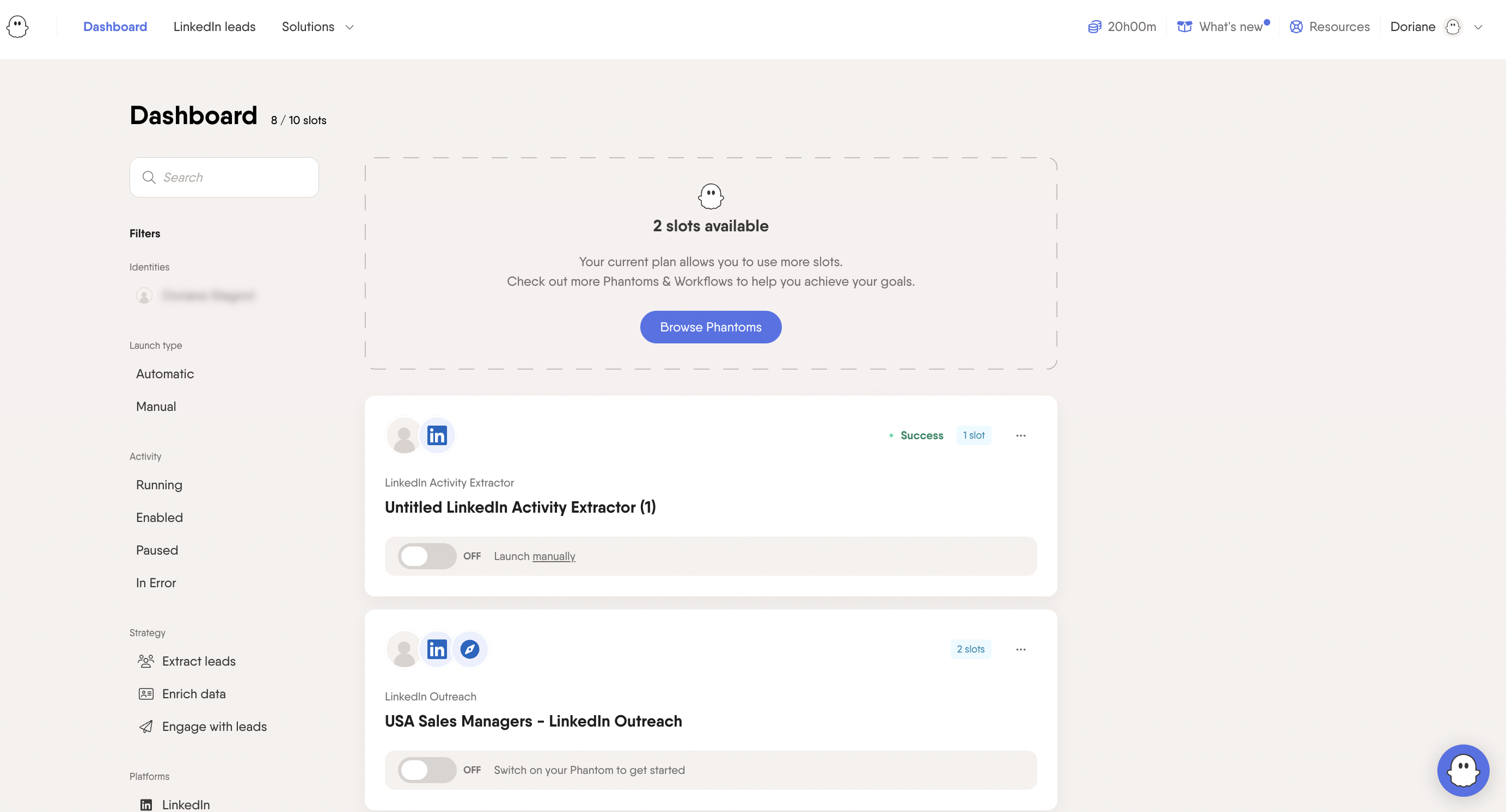 PhantomBuster dashboard showing LinkedIn automation workflows