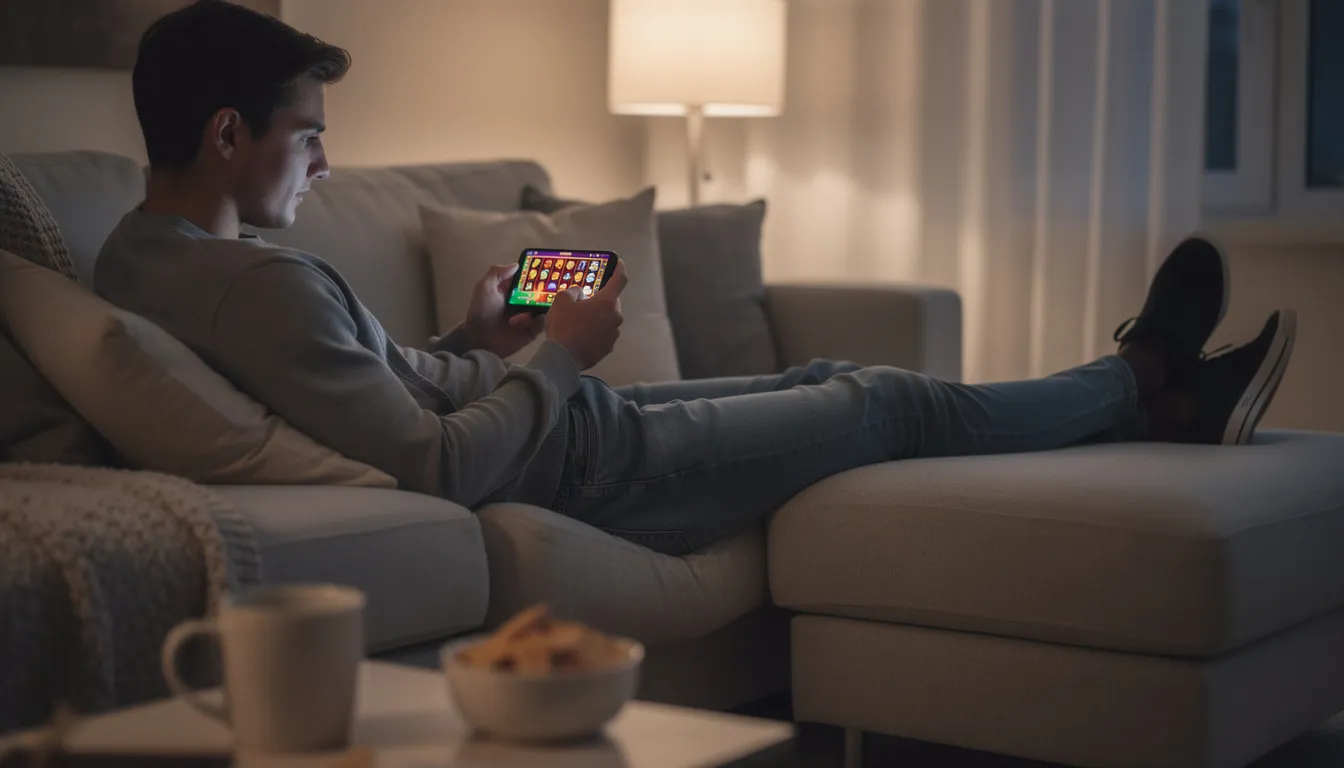 En person sitter avslappnat på en soffa och spelar casinospel på sin smartphone. Denna typ av underhållning, som erbjuds av Luna Casino, gör det möjligt för spelare att njuta av ett bra spelutbud dygnet runt.