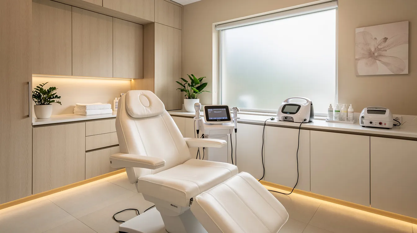The image depicts a bright and modern medspa treatment room, featuring a comfortable treatment chair and advanced professional equipment, creating a welcoming atmosphere for patients seeking facial rejuvenation. This space is ideal for various procedures, including minimally invasive treatments like endolift, which stimulate collagen production and tighten skin to address issues such as moderate skin laxity and excess skin.