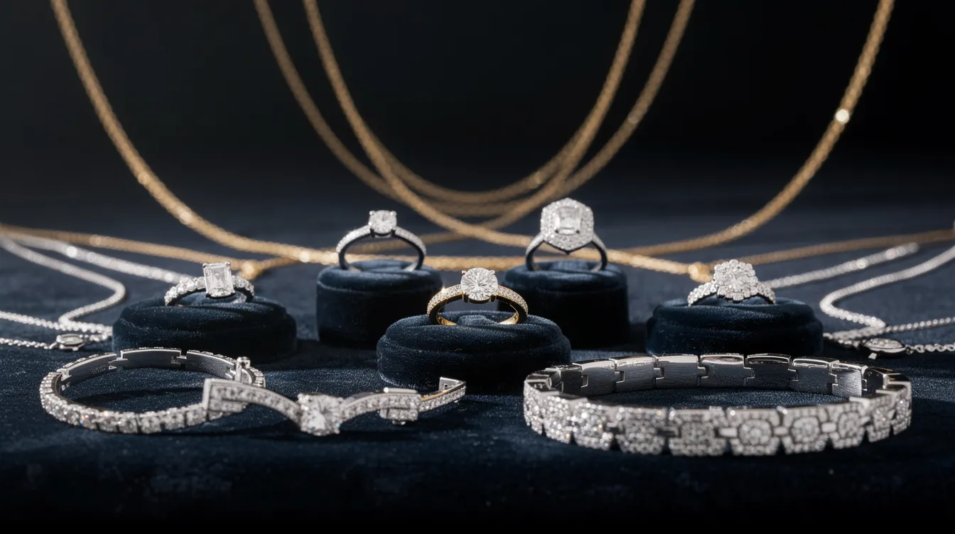 An elegant display showcases a variety of fine jewellery pieces, including sparkling diamond rings, luxurious gold necklaces, and stylish sterling silver bracelets, all arranged beautifully on a rich velvet background. This collection invites you to discover the latest offers and new collections available at the store, perfect for celebrating special moments or finding the ideal gift.