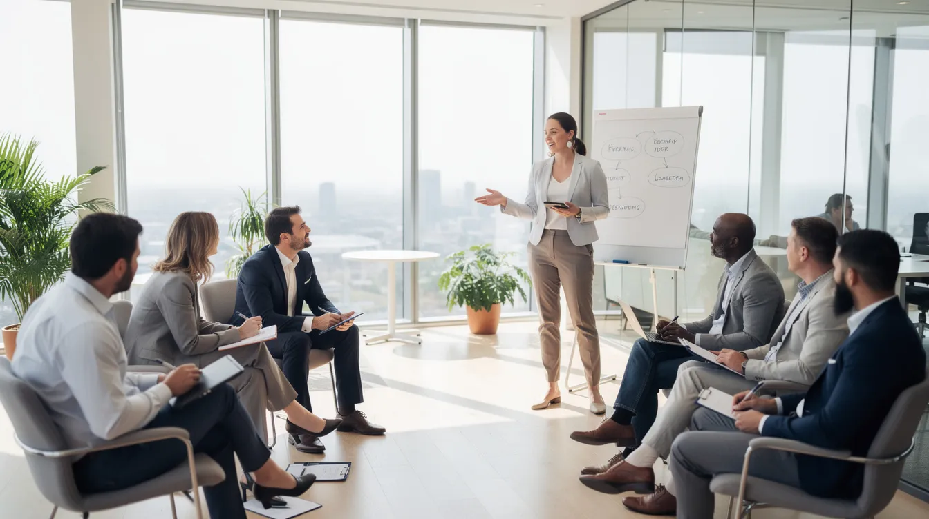 Une session de coaching professionnel se déroule dans un espace moderne et lumineux, où un coach anime une discussion avec un groupe de managers. L'accent est mis sur l'écoute active et les techniques de vente, favorisant une approche centrée sur le client pour améliorer leur performance et répondre aux besoins de l'entreprise.