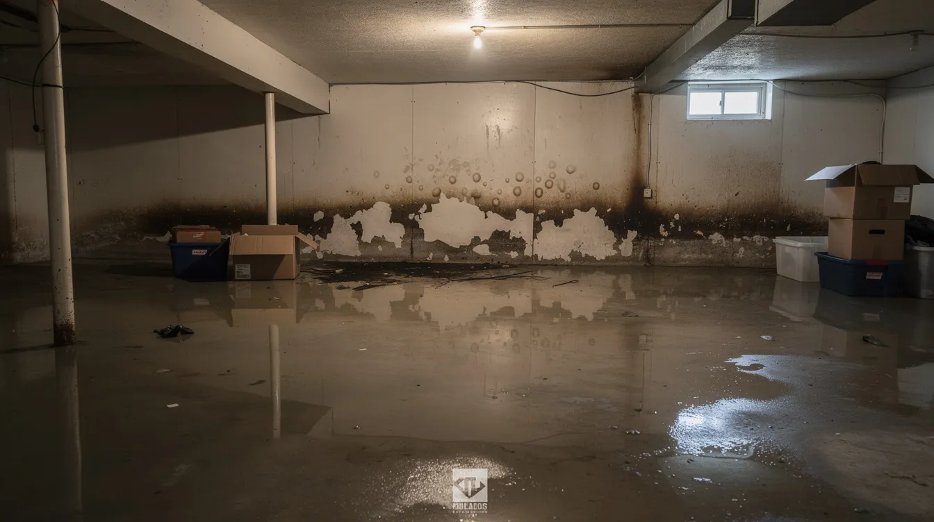 The image depicts a residential basement flooded with standing water, highlighting significant water damage on the drywall, indicative of a plumbing emergency. Bellevue homeowners facing such issues may require immediate help from emergency plumbers to address potential burst pipes and prevent further damage.
