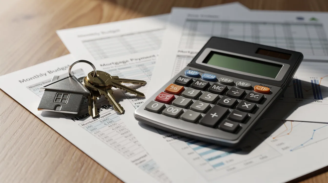 The image shows a calculator and a set of house keys resting on top of financial documents on a wooden desk, symbolizing the calculations and considerations involved in securing a mortgage bridge loan for a new home purchase. This setup reflects the importance of understanding down payments, interest rates, and monthly payments when navigating real estate transactions.