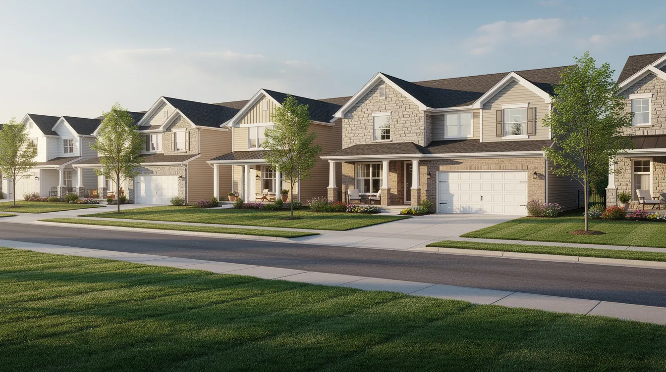 The image depicts a row of charming residential houses in a suburban neighborhood, each with well-maintained green lawns. This scene evokes a sense of community and stability, often associated with home equity loans and the financial security they can provide for homeowners.