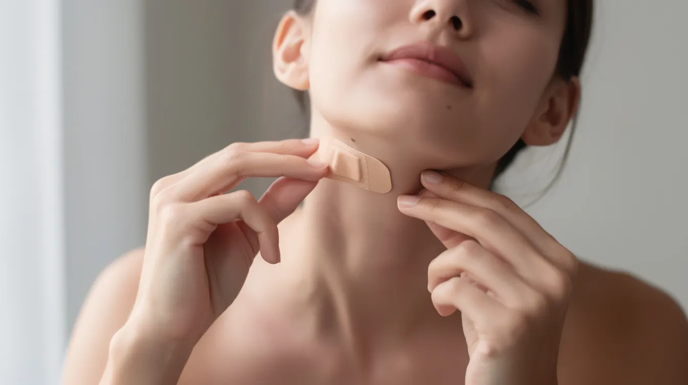 The image shows a person gently applying a small bandage to their neck area, likely covering a recently removed skin tag or benign growth. This action may be part of their recovery process following a skin tag removal procedure, emphasizing care for the affected area.