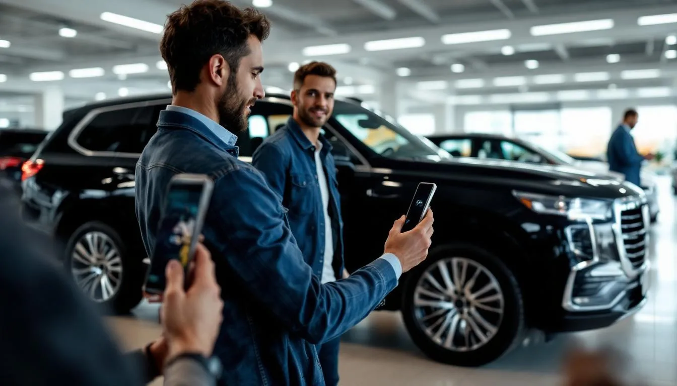 A user is capturing high-quality, 360-degree images of a vehicle in a dealership lot using a smart device app, showcasing the car's details from various angles. This process enhances the efficiency of vehicle imaging in the automotive industry, providing a comprehensive view for potential buyers.