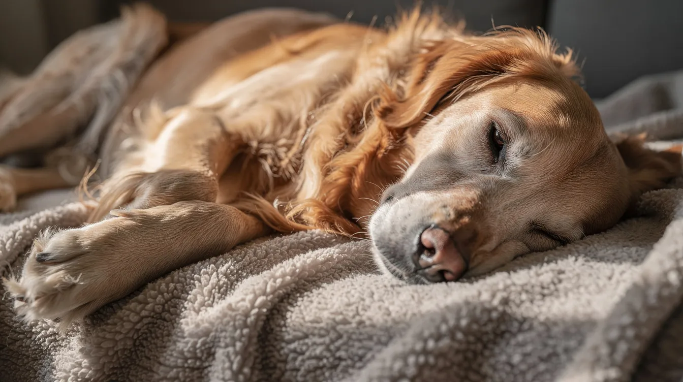 A senior golden retriever with a graying muzzle is resting peacefully on a soft blanket, embodying the tranquility of old age. This older dog reflects the signs of aging, such as a calm demeanor and a need for comfort, highlighting the importance of understanding your pet's health and well-being in their golden years.