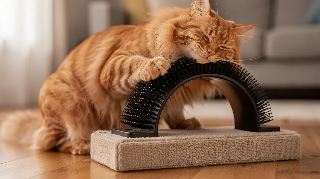 A fluffy orange tabby cat is playfully rubbing its side against a curved cat arch self groomer, which features durable plastic bristles on a carpeted base. This grooming tool helps the cat with self grooming while also providing a fun way to shed loose hair.